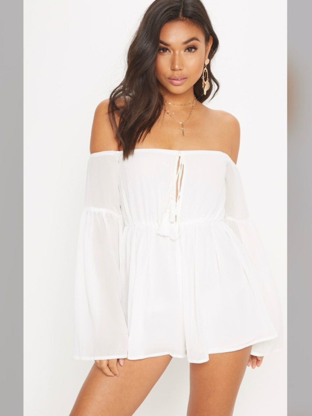 PrettyLittleThing White Off-Shoulder Tie-Front Romper